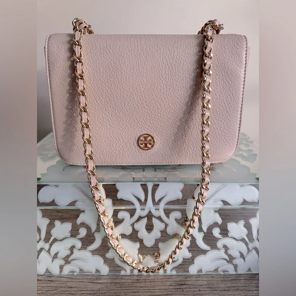 Tory Burch Light Pink Flap Shoulder Bag Convertible Crossbody Oak Pebble Leather